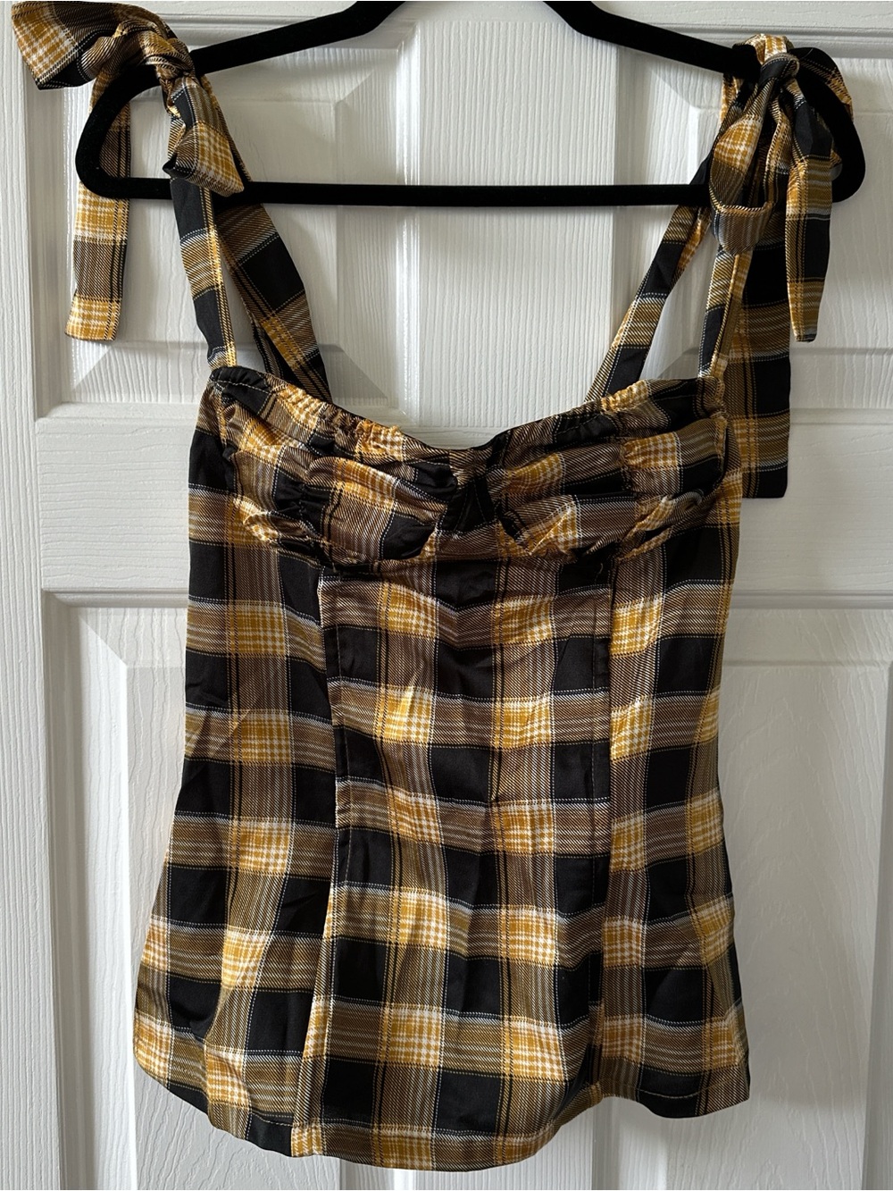 Lioness Yellow & Black Plaid Strapless Tie-Shoulder Corset Top